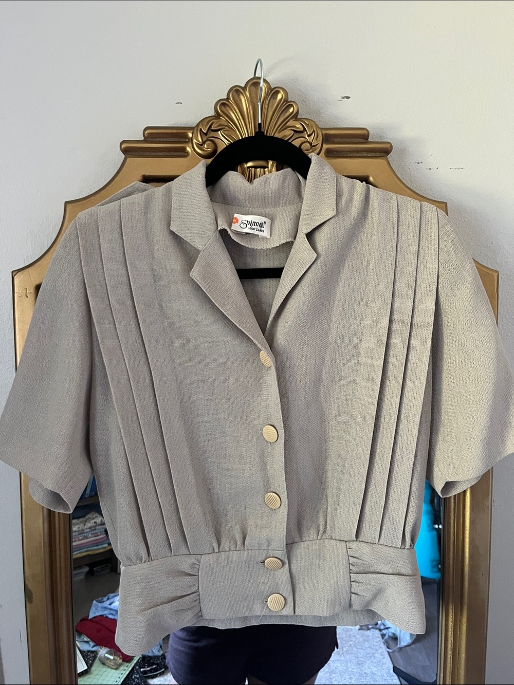 Simplicity Taupe Pleated Button-Front Blouse
